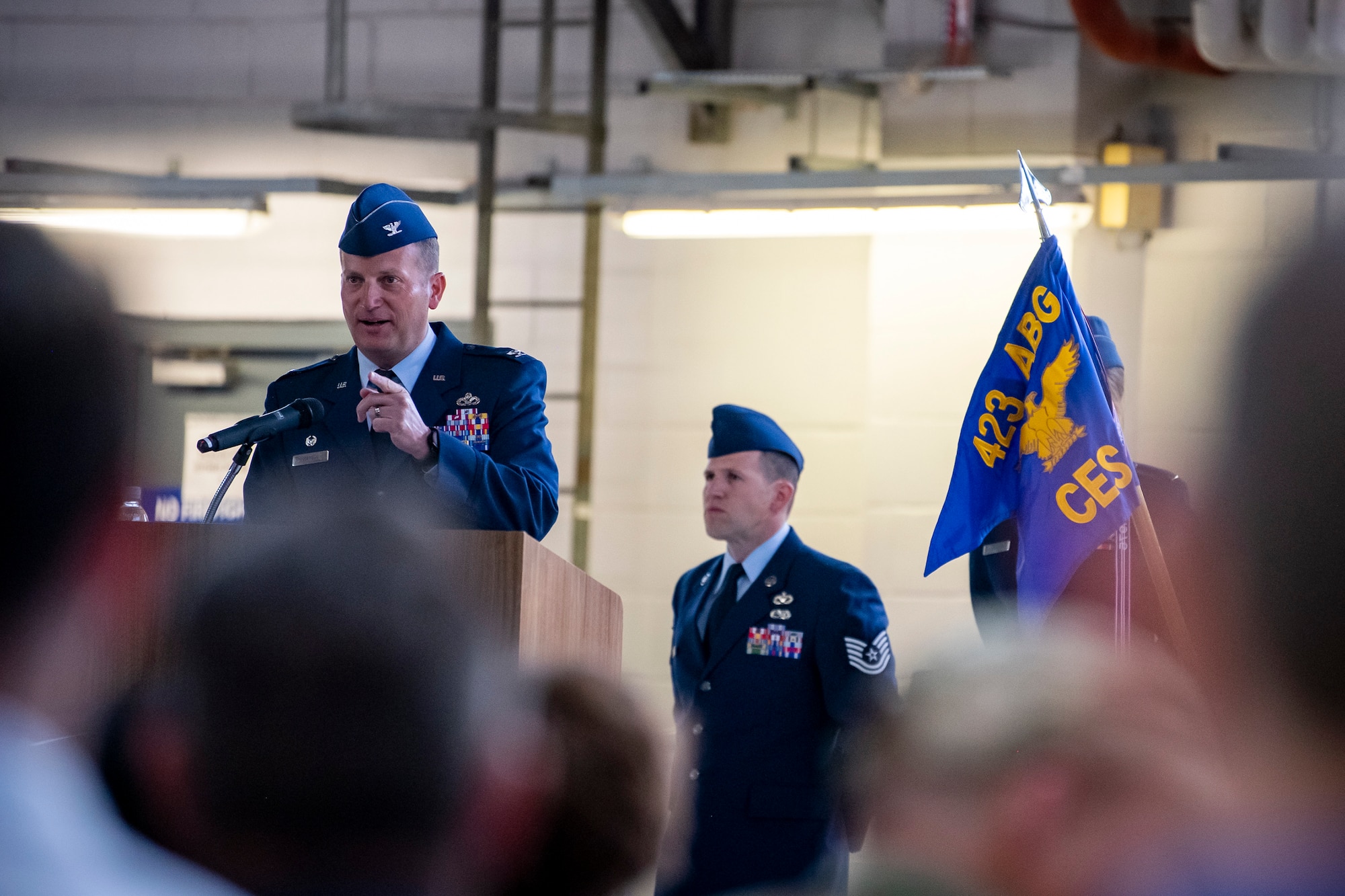 U.S. Air Force Col. Richard Martin, 423d Air Base Group commander, speaks during a change of command ceremony at RAF Alconbury, England, June 22, 2022. The ceremony is a military tradition that represents a formal transfer of a unit’s authority from one commander to another. (U.S. Air Force photo by Staff Sgt. Eugene Oliver)