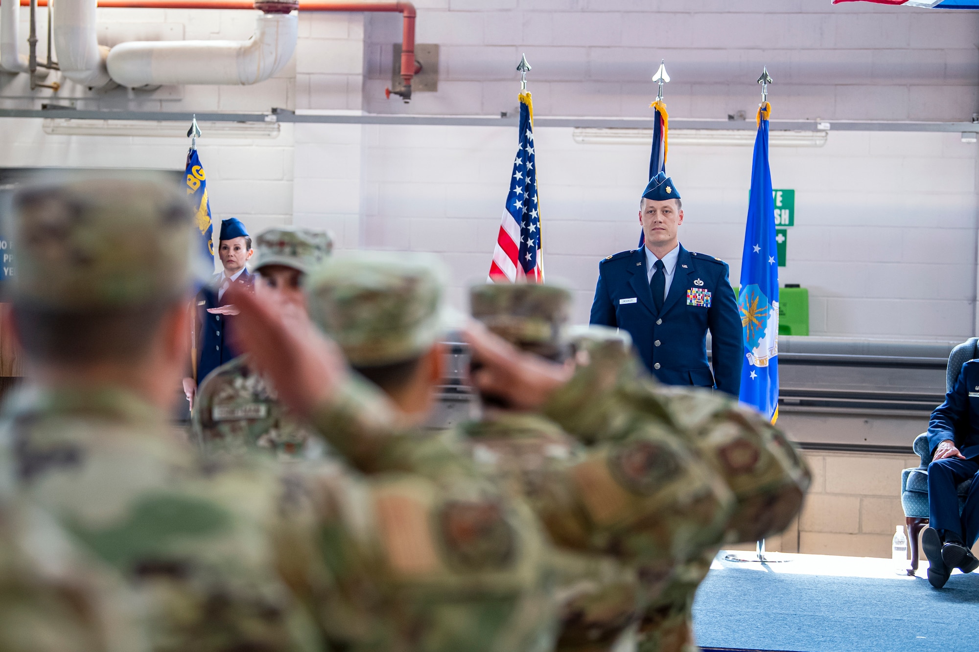 U.S. Air Force Lt. Col. Kevin Mckinley, right, 423d Civil Engineer Squadron incoming commander, receives his first salute from the Airmen of the 423d CES during a change of command ceremony at RAF Alconbury, England, June 22, 2022.  Prior to assuming command, Mckinley attended the Air Command and Staff College at Maxwell Air Force Base, Alabama. (U.S. Air Force photo by Staff Sgt. Eugene Oliver)