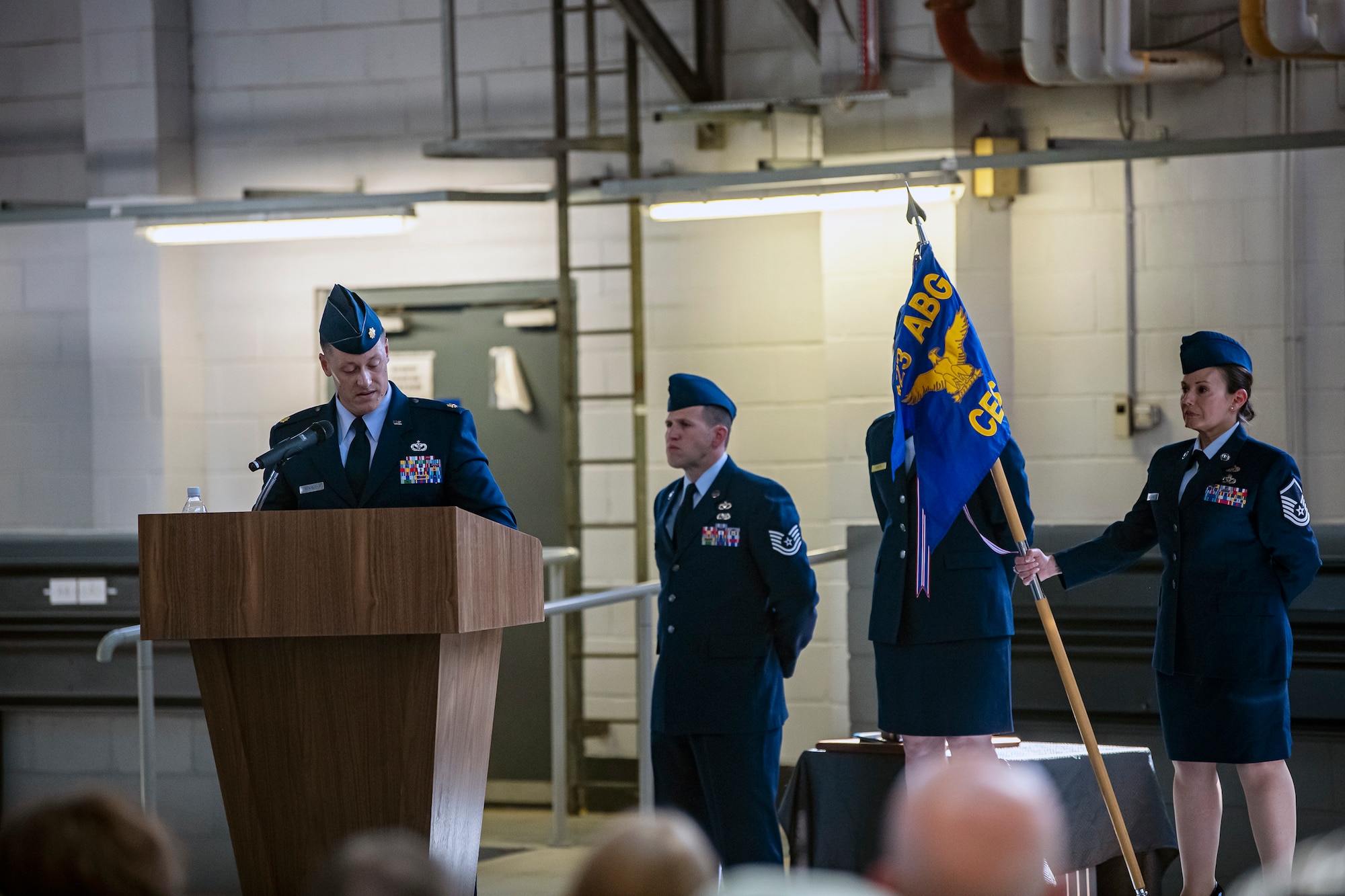 Lt. Col. Kevin Mckinley, left, 423d Civil Engineer Squadron incoming commander, speaks during a change of command ceremony at RAF Alconbury, England, June 22, 2022.  Prior to assuming command, Mckinley attended the Air Command and Staff College at Maxwell Air Force Base, Alabama. (U.S. Air Force photo by Staff Sgt. Eugene Oliver)