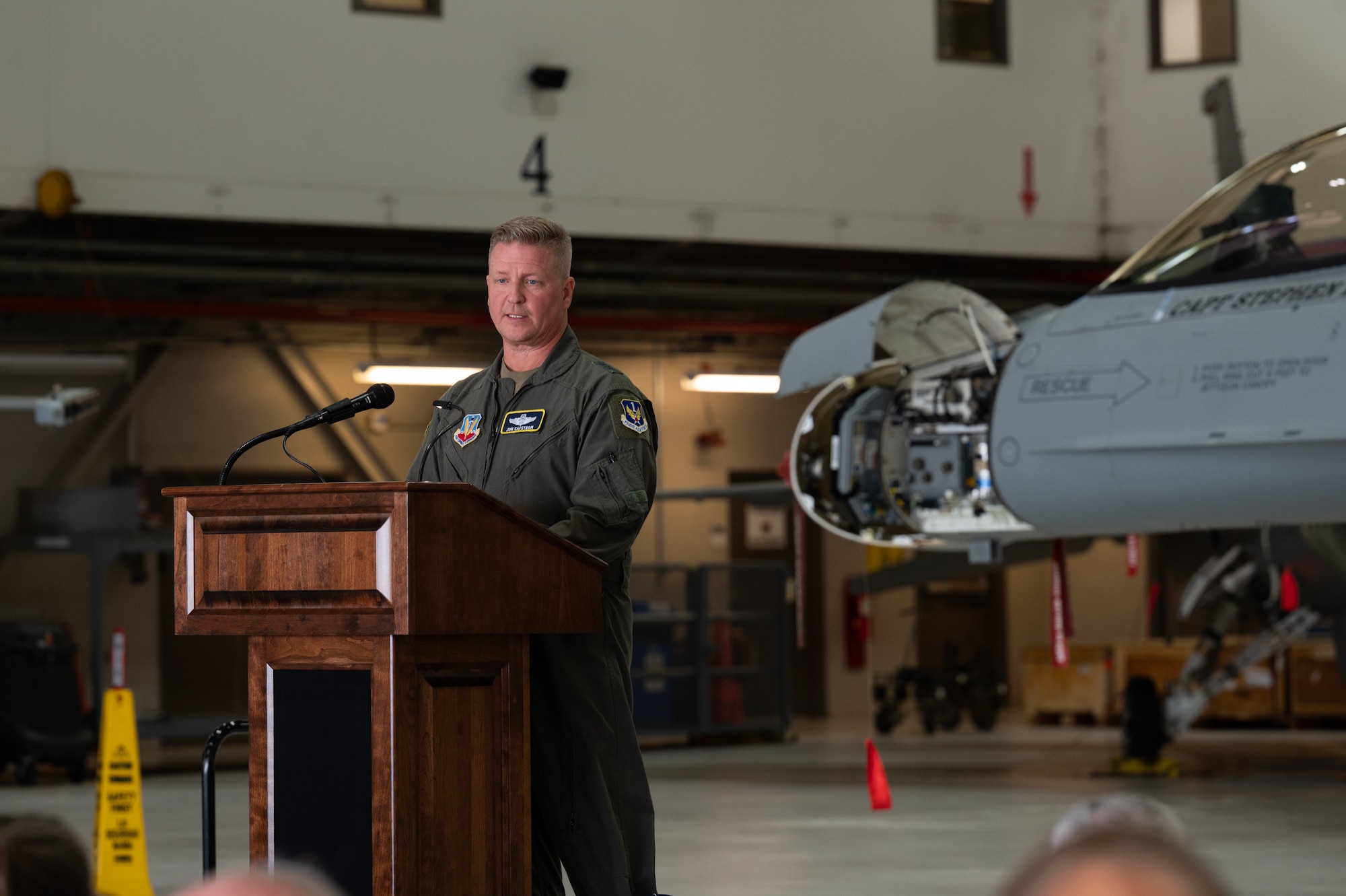 U.S. Air Force Maj. Gen. Jon S. Safstrom, Air National Guard (ANG) assistant to the commander, Continental United States North American Aerospace Defense Command Region and First Air Force, speaks during a commemoration ceremony for the Active Electronically Scanned Array (AESA) radar now equipped on F-16 Fighting Falcon aircraft assigned to the District of Columbia National Guard on Joint Base Andrews, Maryland, June 9, 2022.