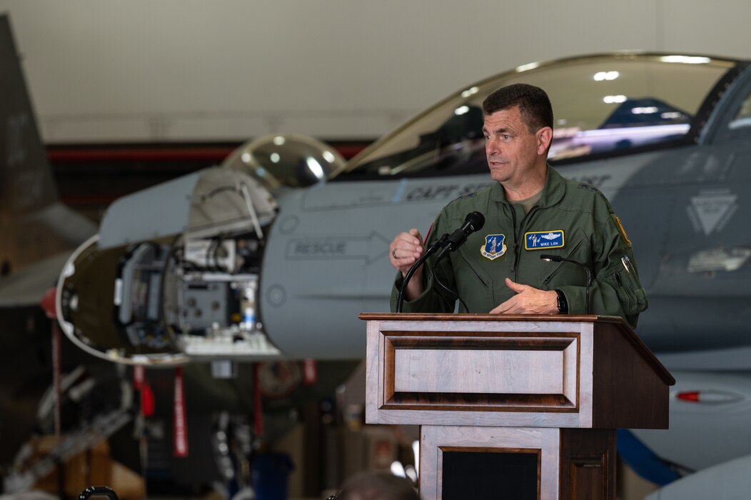U.S. Air Force Lt. Gen. Michael A. Loh, director, Air National Guard, gives a commemoration speech about the APG-83 Active Electronically Scanned Array radar now equipped on F-16 Fighting Falcon aircraft assigned to 113th Wing, District of Columbia National Guard, on Joint Base Andrews, Maryland, June 9, 2022.