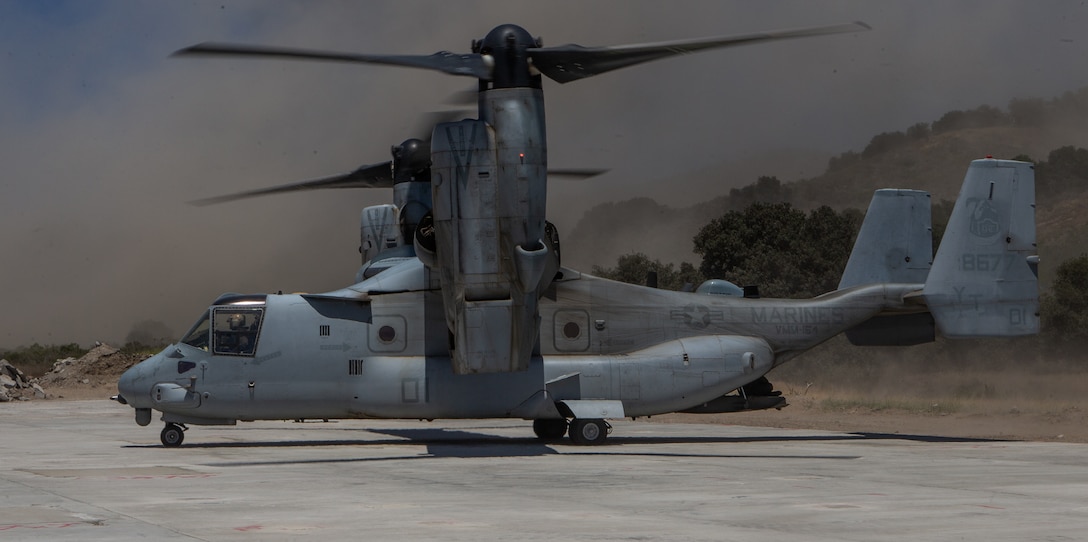 An MV-22B Osprey from Marine Medium Tiltrotor Squadron 164, Marine Aircraft Group 39, 3rd Marine Aircraft Wing (MAW), arrives at Vandenberg Space Force Base, California, June 16, 2022. The aircraft landed on an airfield repaired by Marine Wing Support Squadron 372, Marine Air Control Group 38, 3rd MAW, to demonstrate the Marine Corps’ self-sufficiency in austere environments. (U.S. Marine Corps photo by Cpl. Rachaelanne Woodward)