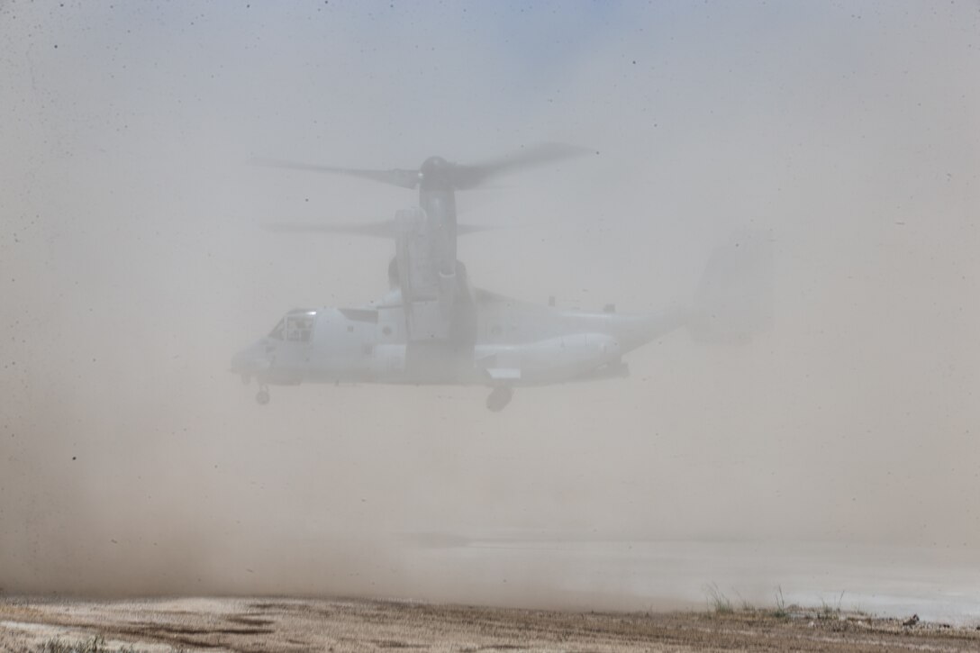 An MV-22B Osprey from Marine Medium Tiltrotor Squadron 164, Marine Aircraft Group 39, 3rd Marine Aircraft Wing (MAW), arrives at Vandenberg Space Force Base, California, June 16, 2022. The aircraft landed on an airfield repaired by Marine Wing Support Squadron 372, Marine Air Control Group 38, 3rd MAW, to demonstrate the Marine Corps’ self-sufficiency in austere environments. (U.S. Marine Corps photo by Cpl. Rachaelanne Woodward)