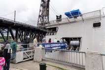 Local citizens attend U.S. Navy ship tours during Portland Fleet Week in Oregon, June 11, 2022. Portland Fleet Week is a time-honored celebration of the sea services and provides an opportunity for the citizens of Oregon to meet Sailors, Marines and Coast Guardsmen, as well as witness firsthand the latest capabilities of today's maritime services. (U.S. Navy photo by Mass Communication Specialist Seaman Apprentice Sophia H. Brooks)