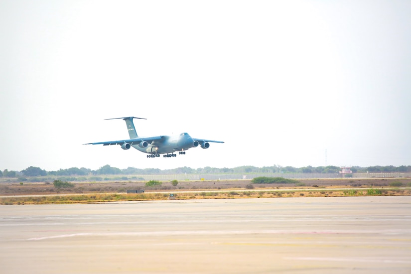 U.S. Air Force C-5 Galaxy loaded with U.S. Soldiers from the 1-211th Aviation Regiment, Utah Army National Guard, lands on June 20, 2022, at Agadir Al-Massira International Airport, Morocco.