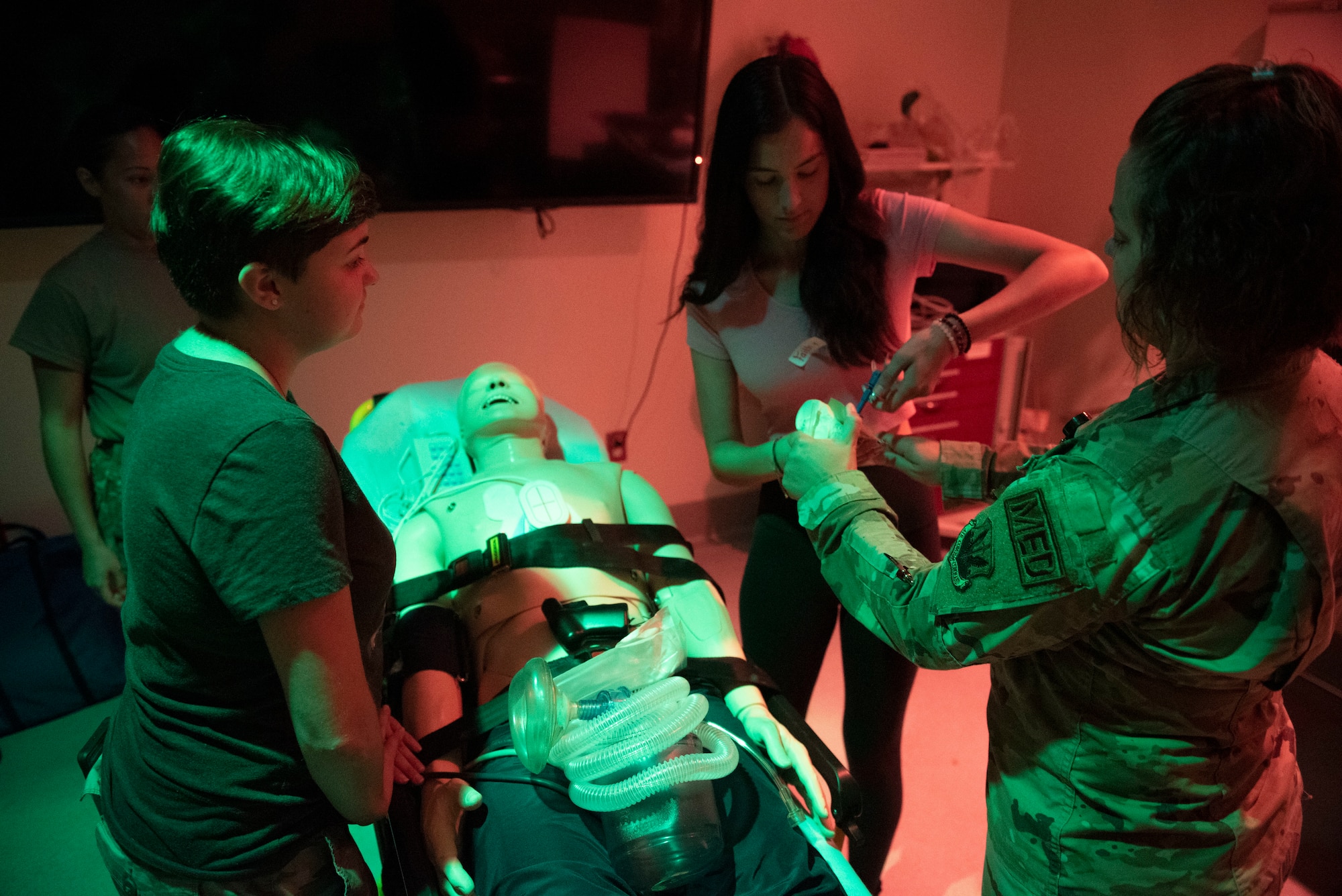 Teens get hands-on medical experience during Teen Shadow Day at Moody Air Force Base, Georgia, June 22, 2022. During the event, teens participated in multiple hands-on activities in their jobs of choice to learn more about job opportunities in the military and private sector. (U.S. Air Force photo by Staff Sgt. Thomas Johns)