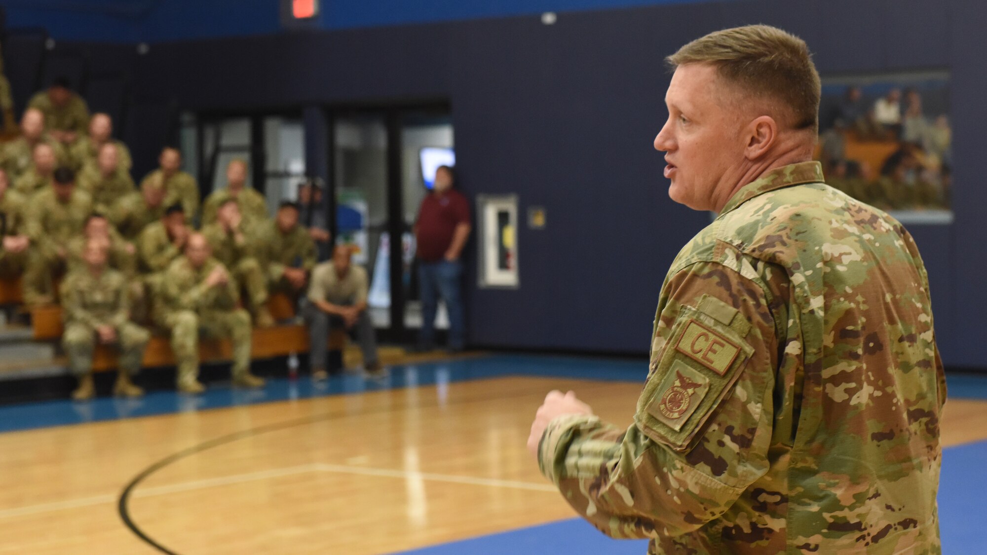 U.S. Air Force Brig. Gen. William Kale III, Air Force Director of Civil Engineers, speaks during an all-call at Goodfellow Air Force Base, Texas, June 22, 2022. During the all-call, Kale answered questions from members of the 17th Civil Engineer Squadron. (U.S. Air Force photo by Airman 1st Class Zachary Heimbuch)