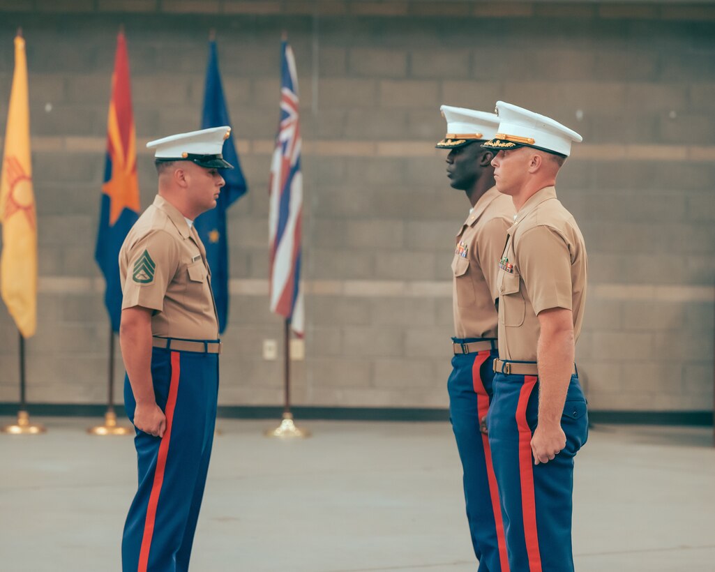U.S. Marines with Recruiting Station Orange County participate in a change of command ceremony for RS Orange County at Naval Weapons Station Seal Beach, California, June 1, 2022. The change of command ceremony is a time-honored tradition which formally signifies the transfer of command and entails the total accountability, authority, and responsibility from one individual to another. (U.S. Marine Corps Photo by Cpl. Andrew Skiver)