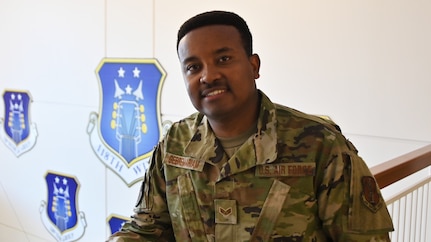 U.S. Air Force Senior Airman John Gebremariam, a services Airman with the 118th Force Support Squadron, Tennessee Air National Guard, at Berry Field Air National Guard Base, Nashville, Tennessee. Gebremariam, a refugee from Eritrea, gained his U.S. citizenship through the Air Guard.