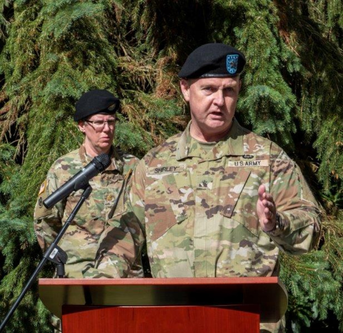 Army Brig. Gen. Eric P. Shirley, Defense Logistics Agency Troop Support commander, provides official remarks during the change of command of DLA Troop Support Europe & Africa during a ceremony June 17 in Kaiserslautern, Germany.