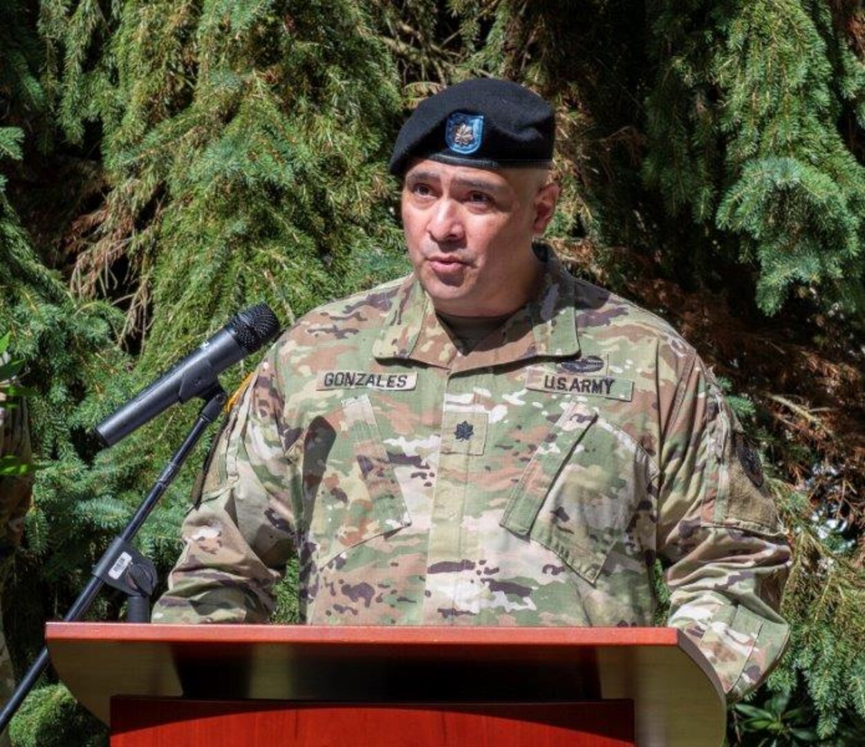 The DLA Troop Support Europe & Africa change command ceremony was held June 17 at Kleber Kaserne in Kaiserslautern, Germany. Army Lt. Col. Fermin Gonzales Jr., incoming commander, provides his introductory comments.