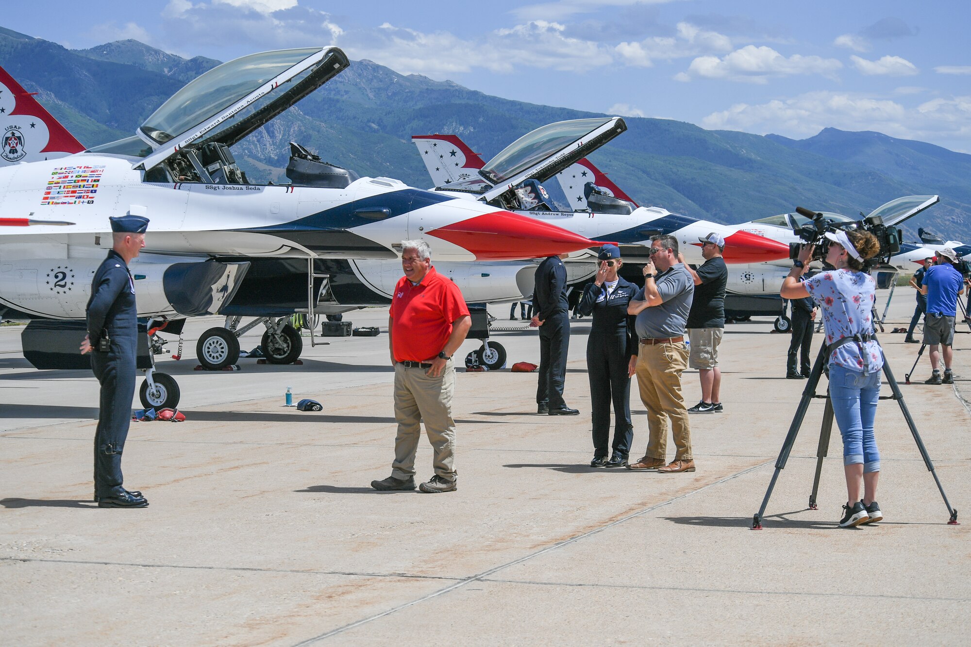Local media interview U.S. Air Force Thunderbird pilots.