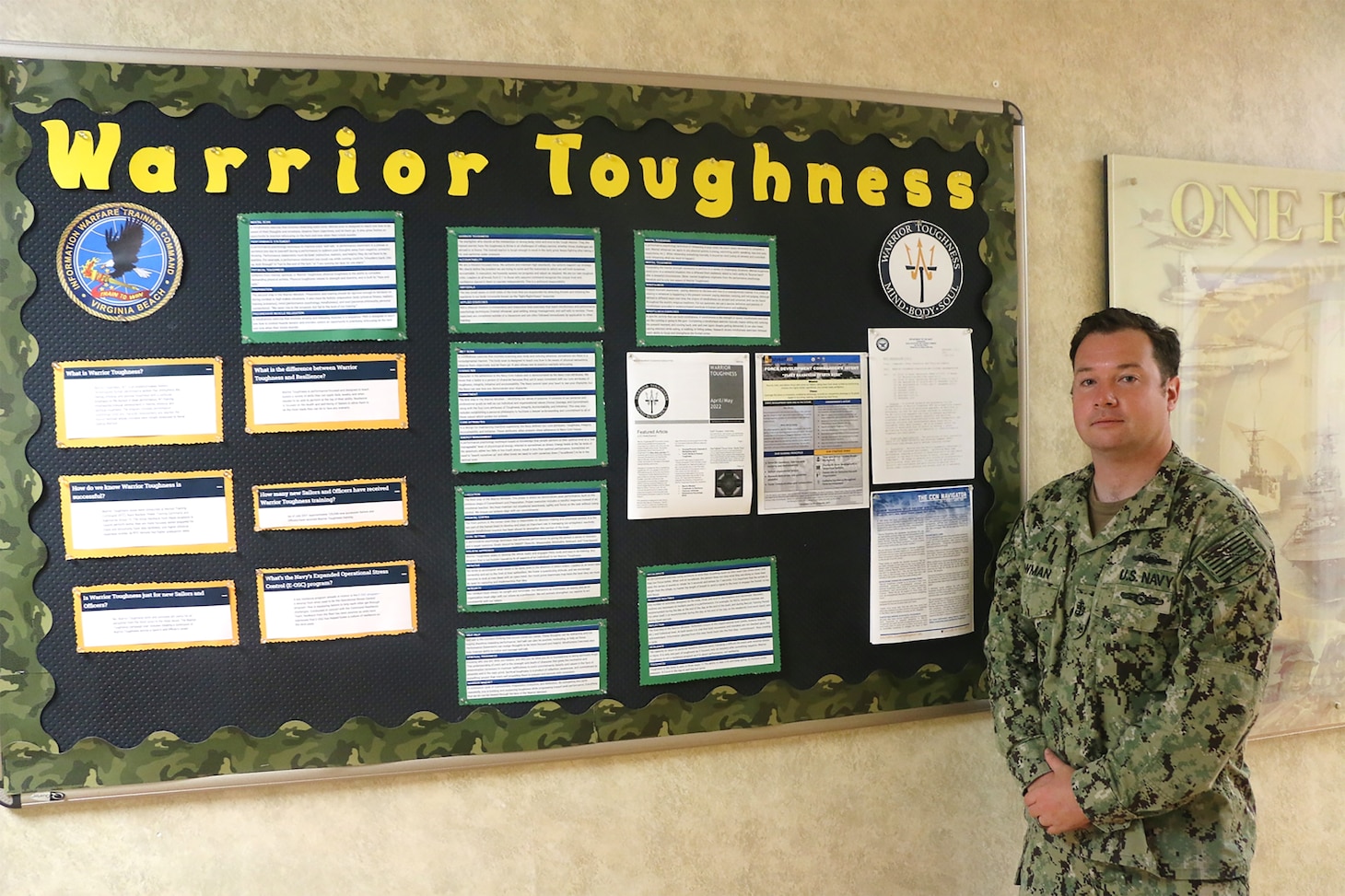 Intelligence Specialist Chief Wade Bowman, assigned to Information Warfare Training Command (IWTC) Virginia Beach, has been a vital component of the command's Warrior Toughness (WT) program and has helped usher in a mindset focused on encouraging mental health awareness.