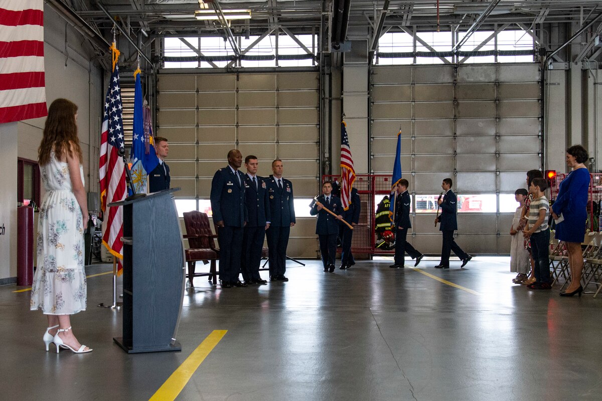 The 436th Civil Engineer Squadron Fire Department Honor Guard march into position at the start of the 436th CES Change of Command ceremony held at the base fire station on Dover Air Force Base, Delaware, June 23, 2022. Outgoing commander, Lt. Col. Matthew Olson, relinquished command to Lt. Col. Joshua Yerk. Presiding officer for the ceremony was Col. Phelemon Williams, 436th Mission Support Group commander. (U.S. Air Force photo by Roland Balik)