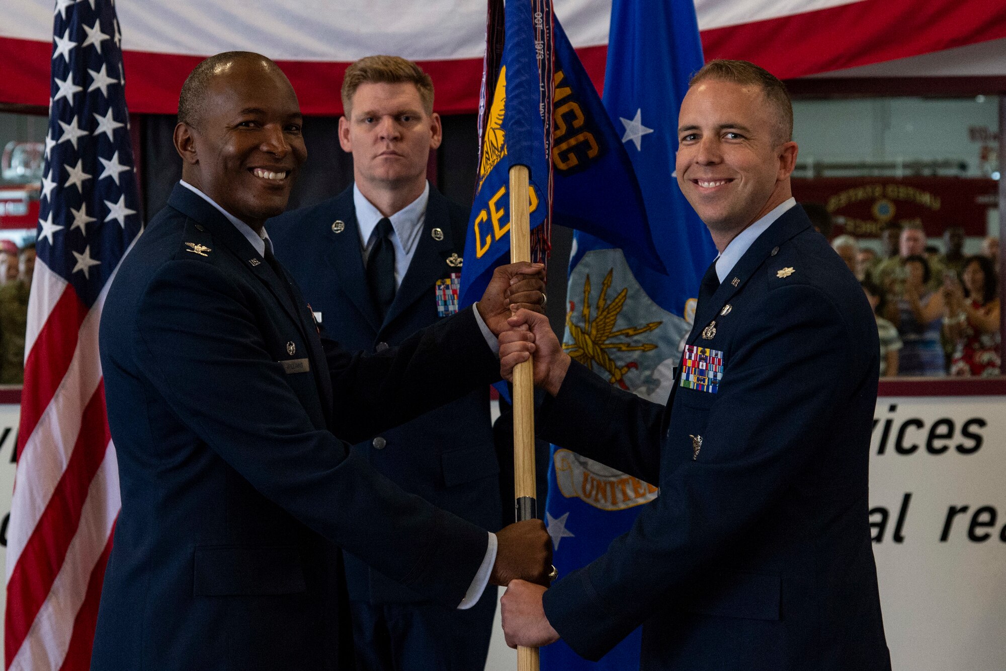 Lt. Col. Joshua Yerk, 436th Civil Engineer Squadron commander, addresses attendees after assuming command of the 436th CES during a change of command ceremony held at the base fire station on Dover Air Force Base, Delaware, June 23, 2022.