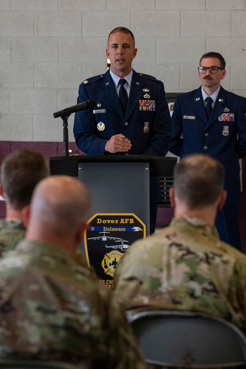 Lt. Col. Joshua Yerk, 436th Civil Engineer Squadron commander, addresses attendees after assuming command of the 436th CES during a change of command ceremony held at the base fire station on Dover Air Force Base, Delaware, June 23, 2022. Team Dover Airmen, family members and guests watched Yerk assume command of the 436th CES. Presiding officer for the ceremony was Col. Phelemon Williams, 436th Mission Support Group commander. (U.S. Air Force photo by Roland Balik).