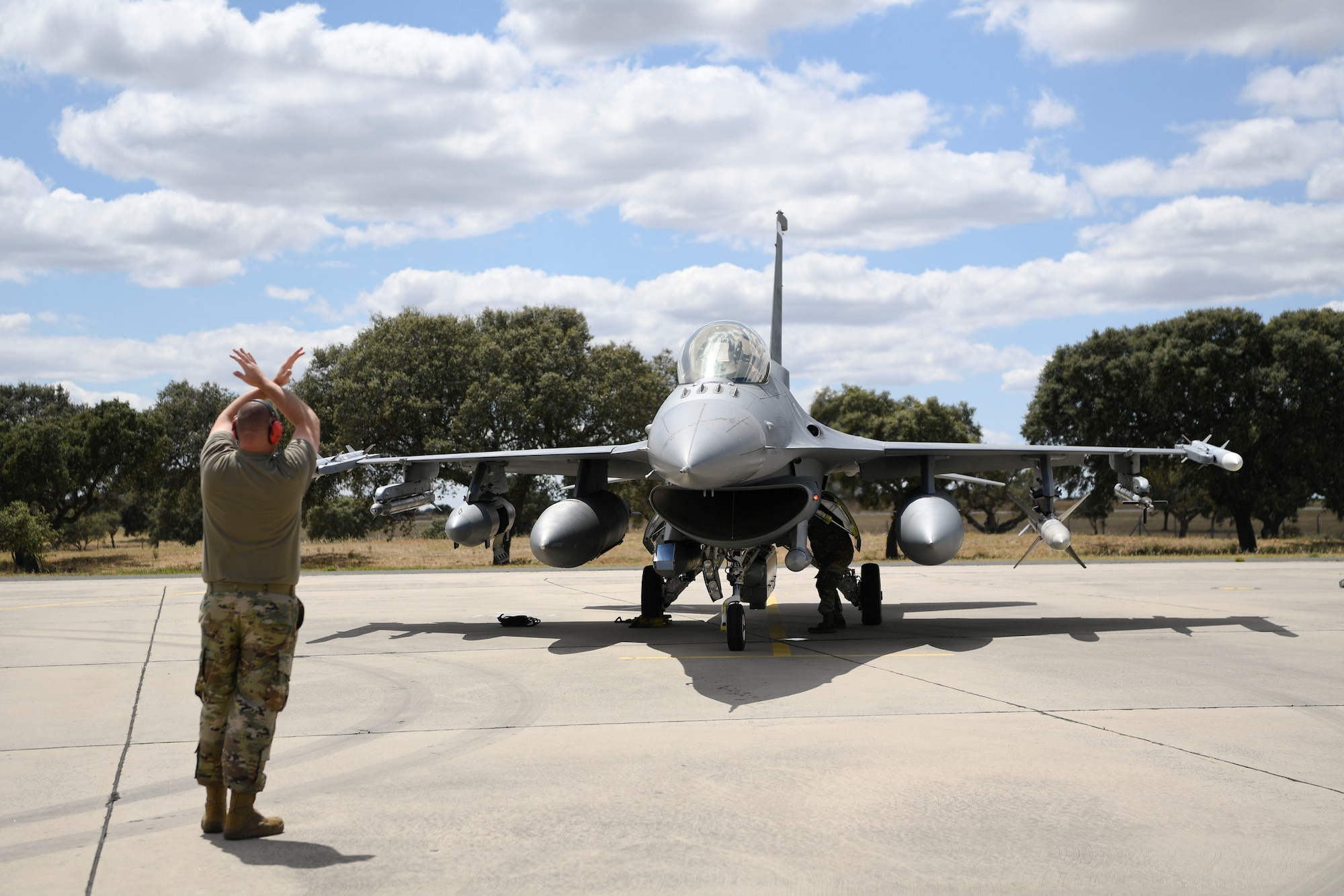 A U.S. Air Force F-16 Fighting Falcon aircraft from the 480th Fighter Squadron, from Spangdahlem Air Base, Germany, arrives in Portugal for Exercise Real Thaw 22 at Beja Air Base, Portugal, June 24, 2022. Real Thaw is an annual multi-national training exercise held by the Portuguese Air Force. The priority of this exercise is to maintain ready and postured forces that are prepared to support combatant commander objectives.  (U.S. Air Force photo by Tech. Sgt. Warren D. Spearman Jr.)