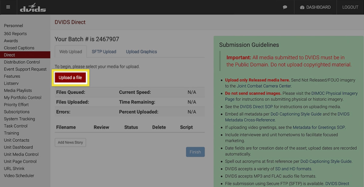 Screenshot of DVIDS Direct page to create a new batch. Within the page the Upload a file button is selected. Also within the page are several information messages about a policy update, beta version of DIVIDS Direct 3.0 for images and video are now available and submission guidelines.