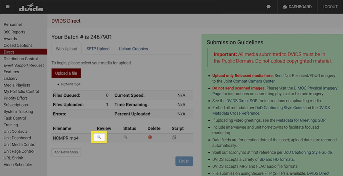 Screenshot of DVIDS Direct page with an MP4 file uploaded. Within the page the Review a file button represented by a magnifying glass icon, is selected. Also within the page are several information messages about a policy update, beta version of DIVIDS Direct 3.0 for images and video are now available and submission guidelines.