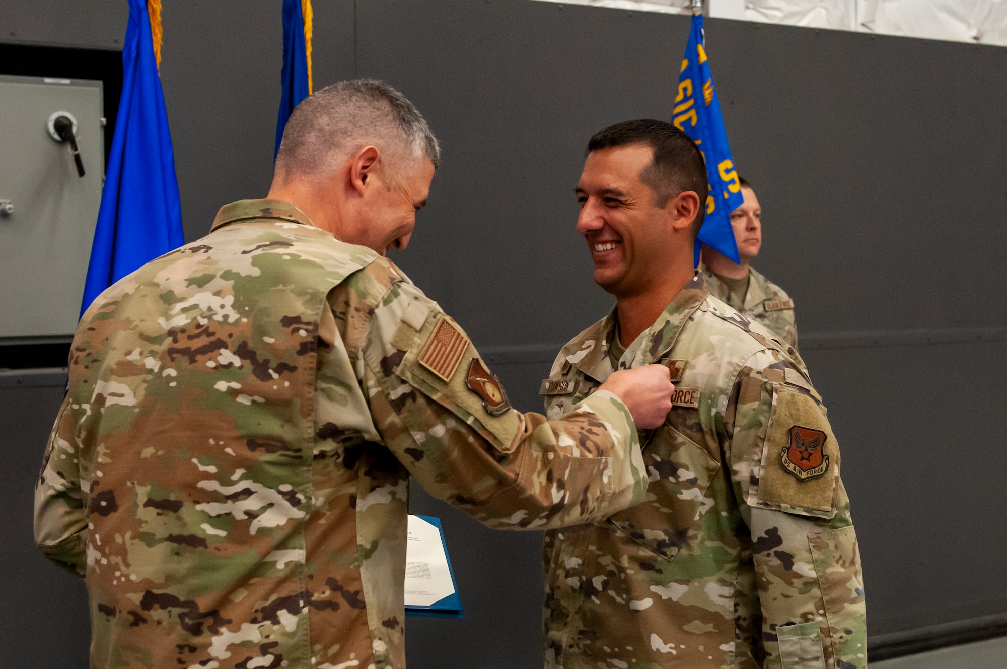 Lt. Col. Todd Dawson, former Foreign Materiel Exploitation commander, receives the Legion of Merit award from Col. Kenneth Stremmel, Global Exploitation Intelligence commander, during the Foreign Materiel Exploitation change of command here, June 6, 2022. Dawson next assignment takes him to serve at the Air Force Life Cycle Management Center, Mobility & Training Aircraft Directorate, KC-46 Division.  The Foreign Material Exploitation is tasked with delivering unique, timely, and detailed foreign materiel exploitation intelligence on air, space and cyberspace system capabilities and vulnerabilities to support operational efforts, acquisition programs, and policy decisions.
