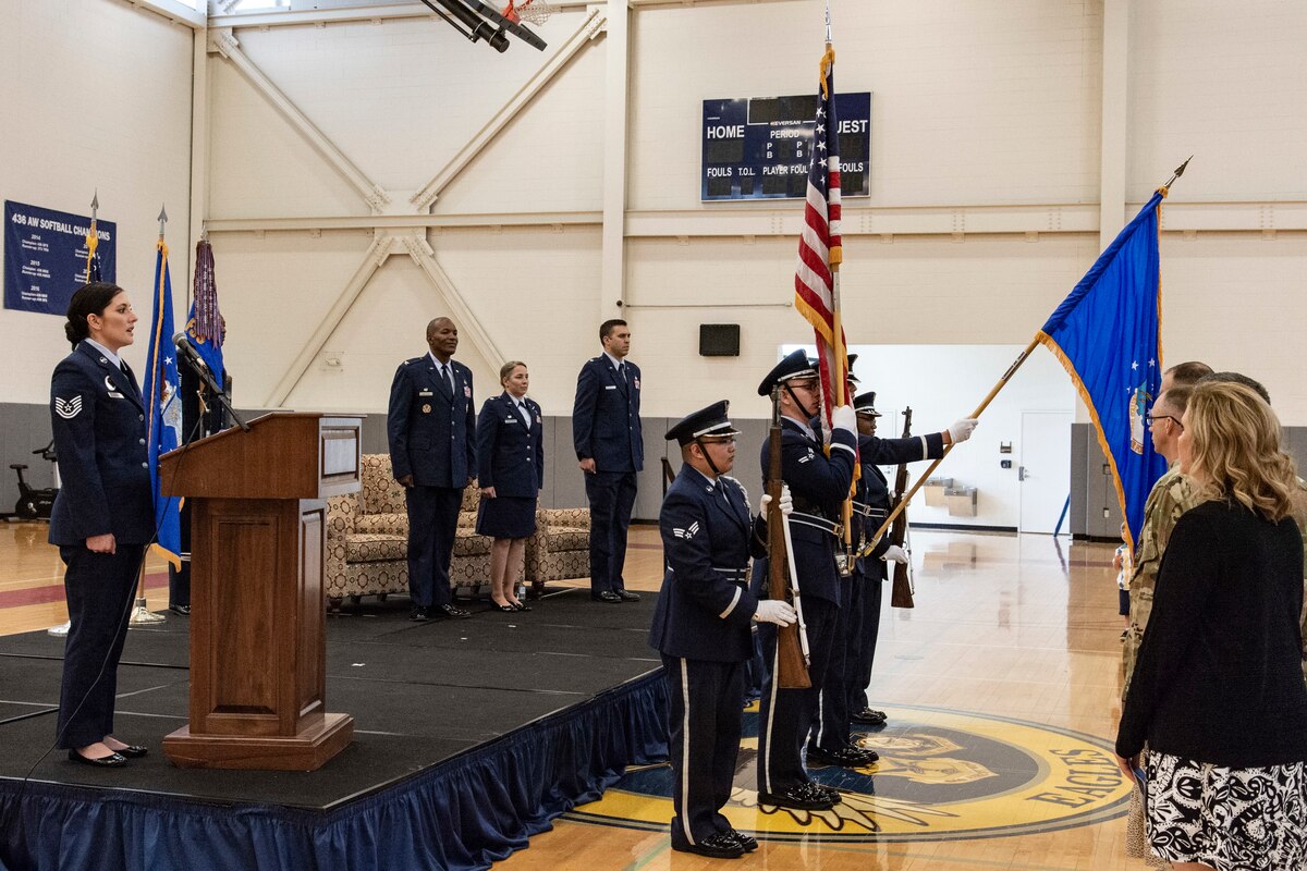 Tech. Sgt. Alicia Garcia, 436th Force Support Squadron Airman Leadership School instructor, sings the national anthem during the 436th Force Support Squadron Change of Command ceremony held at the base fitness center on Dover Air Force Base, Delaware, June 24, 2022. Outgoing commander, Lt. Col. Kady Griffin, relinquished command to Lt. Col. Donald Johnson III. The presiding officer for the ceremony was Col. Phelemon Williams, 436th Mission Support Group commander. (U.S. Air Force photo by Roland Balik)