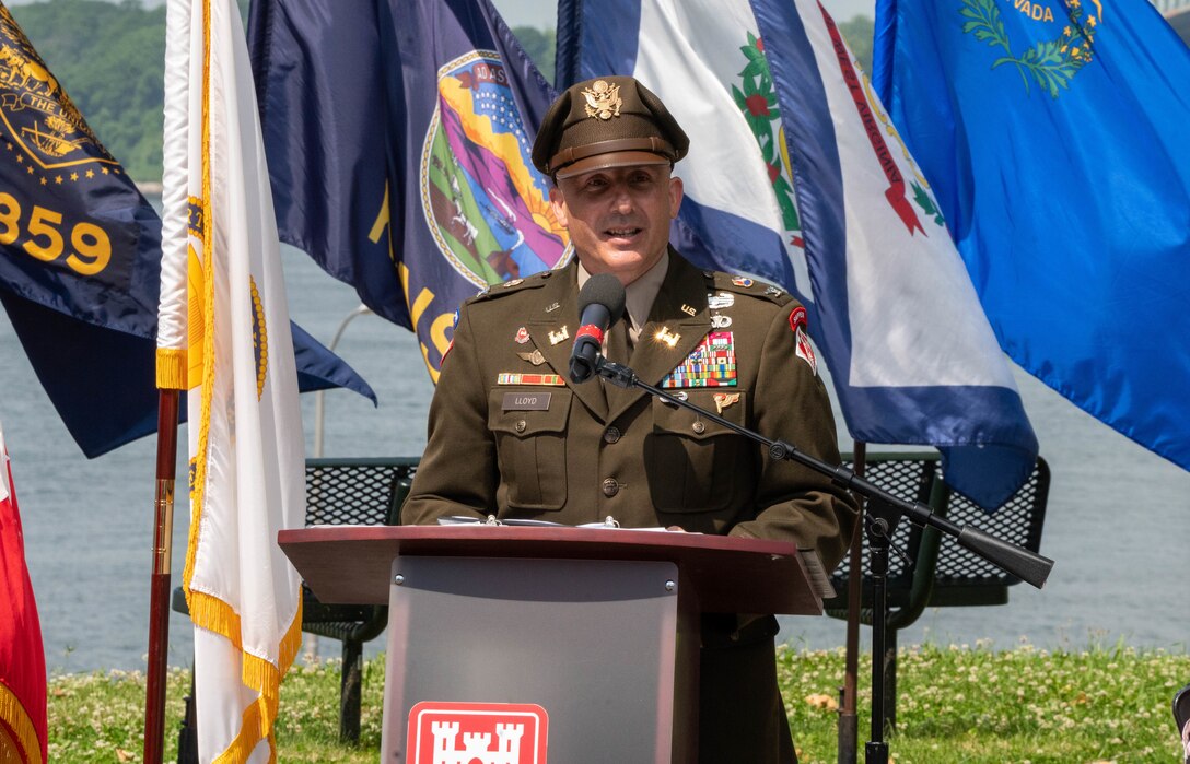 Col. John P. Lloyd, commander of the U.S. Army Corps of Engineers North Atlantic Division addresses those gathered for the unit's change of command ceremony June 24, 2022, at Fort Hamilton's Bluff Park in New York.