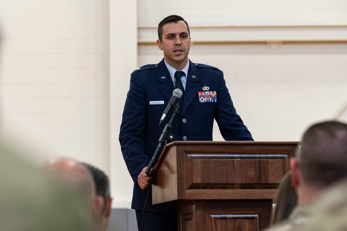 Lt. Col. Donald Johnson III, 436th Force Support Squadron commander, addresses attendees after assuming command of the 436th FSS during a change of command ceremony held at the base fitness center on Dover Air Force Base, Delaware, June 24, 2022. Team Dover Airmen, family members and guests watched Johnson assume command of the 436th FSS. Presiding officer for the ceremony was Col. Phelemon Williams, 436th Mission Support Group commander. (U.S. Air Force photo by Roland Balik)