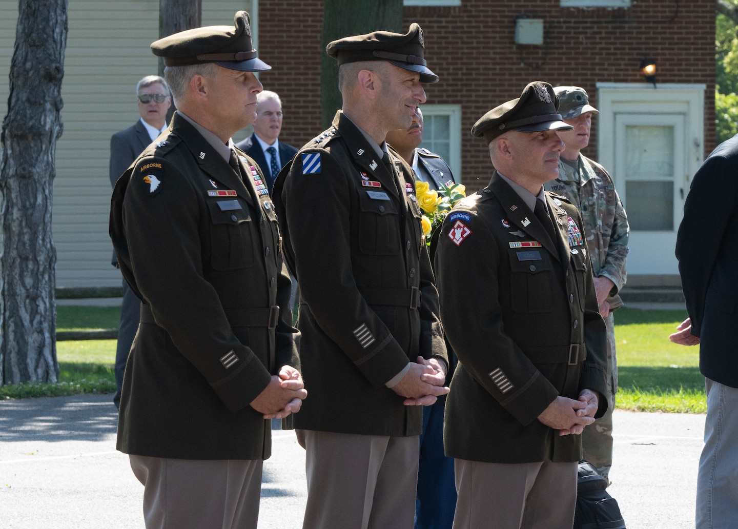 Maj. Gen. Thomas J. Tickner, the North Atlantic Division outgoing commander; Lt. Gen. Scott A. Spellmon, U.S. Army Corps of Engineers commanding general; and Col. John P. Lloyd, NAD incoming commander stand ready to conduct the Division's change of command June 24, 2022, at Fort Hamilton's Bluff Park in New York.