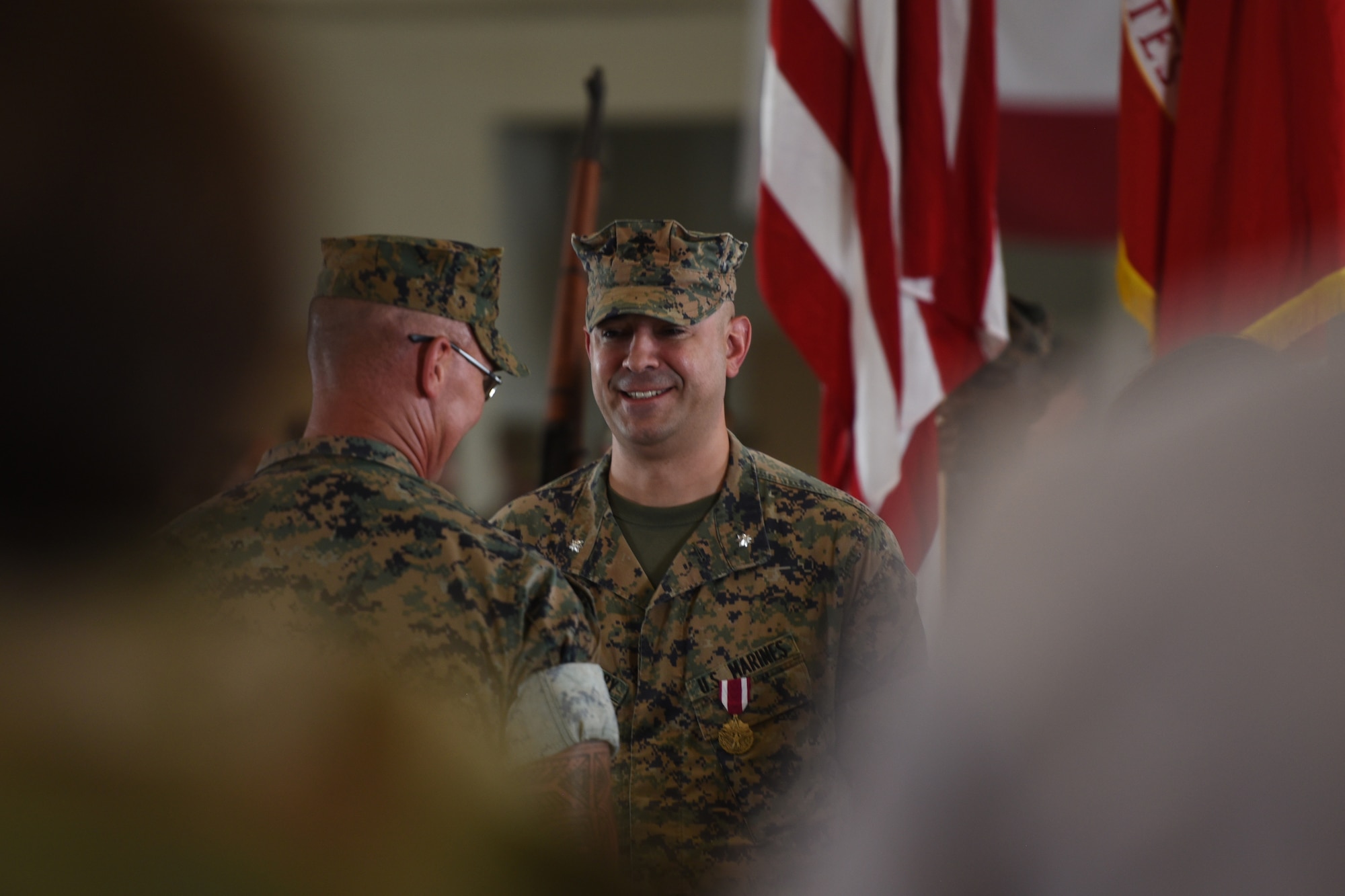 U.S. Marine Corps Lt. Col. Arturo Derryberry, outgoing Marine Corps Detachment commanding officer, receives the Meritorious Service Medal, during the MCD change of command at Goodfellow Air Force Base, Texas, June 24, 2022. Derryberry served as MCD’s commanding officer for two years. (U.S. Air Force photo by Senior Airman Abbey Rieves)