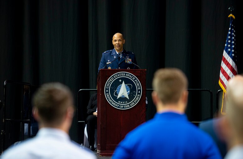 U.S. Space Force Colonel Marqus Randall, Space Delta 18 commander, delivers remarks at the activation ceremony for Space Operations Command's newest Delta, Space Delta 18, and established the National Space Intelligence Center (NSIC) at the Nutter Center, Dayton, Ohio, June 24, 2022. Space Delta 18 is named in honor of the U.S. Space Force's role as the 18th member of the intelligence community. Delta 18 will deliver critical intelligence on threat systems, foreign intentions, and activities in the space domain tosupport national leaders, allies, partners and joint war fighters. (U.S.Space Force photo by SrA Jack Gardner)