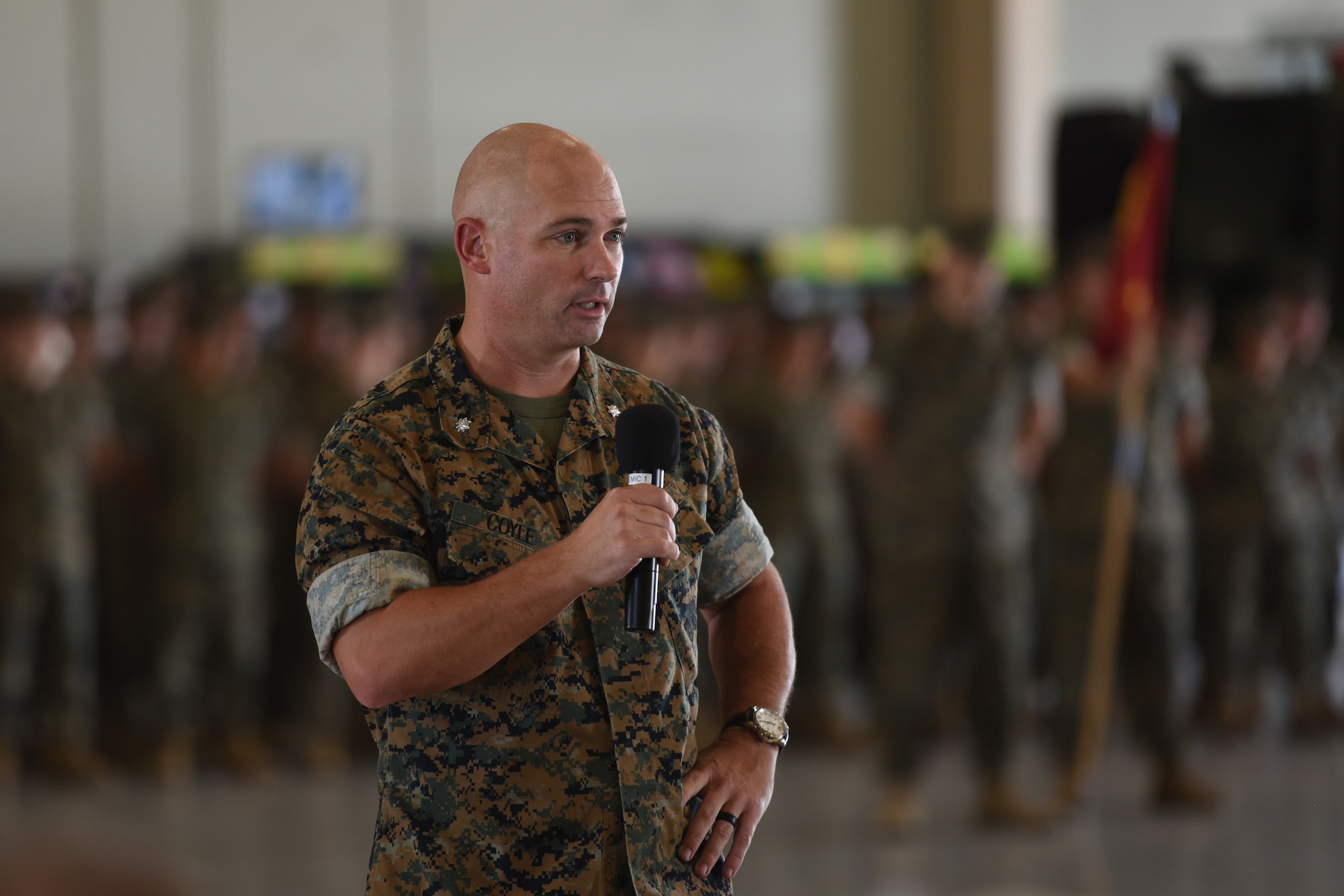 U.S. Marine Corps Lt. Col. Thomas Coyle, incoming Marine Corps Detachment commanding officer, speaks during the MCD change of command at Goodfellow Air Force Base, Texas, June 24, 2022. From 2020 to 2021, Coyle attended Marine Corps Command and Staff College, and earned a master’s degree in military studies. (U.S. Air Force photo by Senior Airman Abbey Rieves)