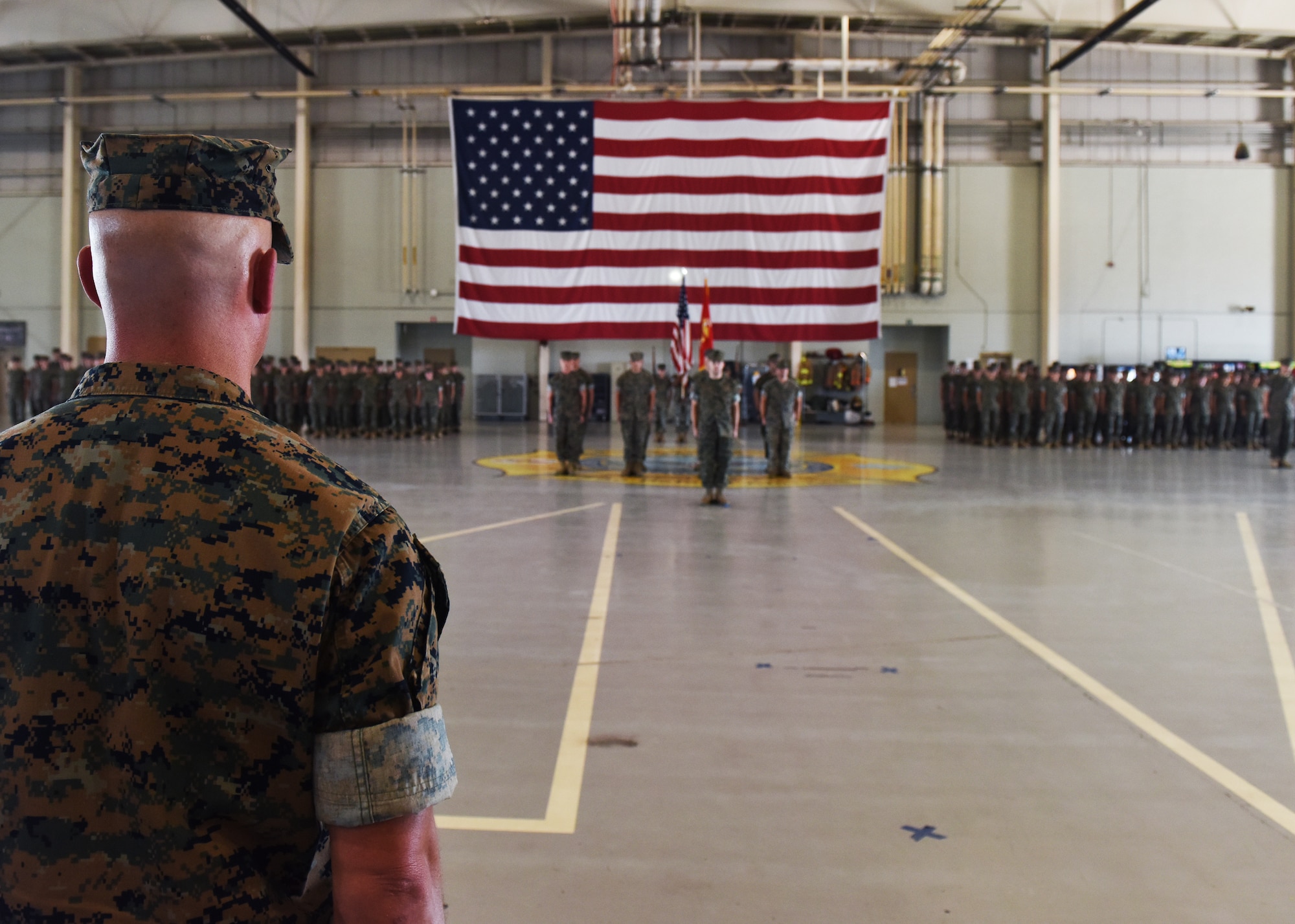 U.S. Marine Corps Lt. Col. Thomas Coyle, incoming Marine Corps Detachment commanding officer, looks at the Intelligence Company, staff and Fire Company of the MDC during the MCD change of command at Goodfellow Air Force Base, Texas, June 24, 2022. Coyle’s mission as commanding officer is to provide administrative, logistical and comprehensive support in order to deliver combat capable and technically proficient Marines to the fleet and field. (U.S. Air Force photo by Airman 1st Class Zachary Heimbuch)