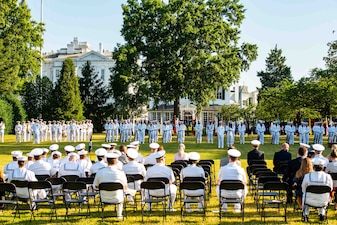 WASHINGTON (June 24, 2022) - Chief of the French Navy Adm. Pierre Vandier receives a full-honors welcoming ceremony while visiting the Chief of Naval Operations Adm. Mike Gilday at the Washington Navy Yard, June 23. During the two-day visit, Vandier conducted meetings with senior U.S. Navy leaders to discuss maritime security, interoperability, and readiness. (U.S. Navy photo by Mass Communication Specialist 1st Class Michael B. Zingaro)