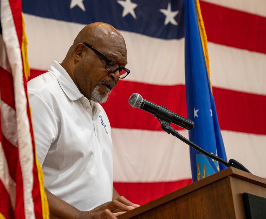 Bishop Anthony Holt, West Valley National Association for the Advancement of Colored People (NAACP) president, speaks on the importance and history of Juneteenth during a luncheon event, June 16, 2022, at Luke Air Force Base, Arizona.
