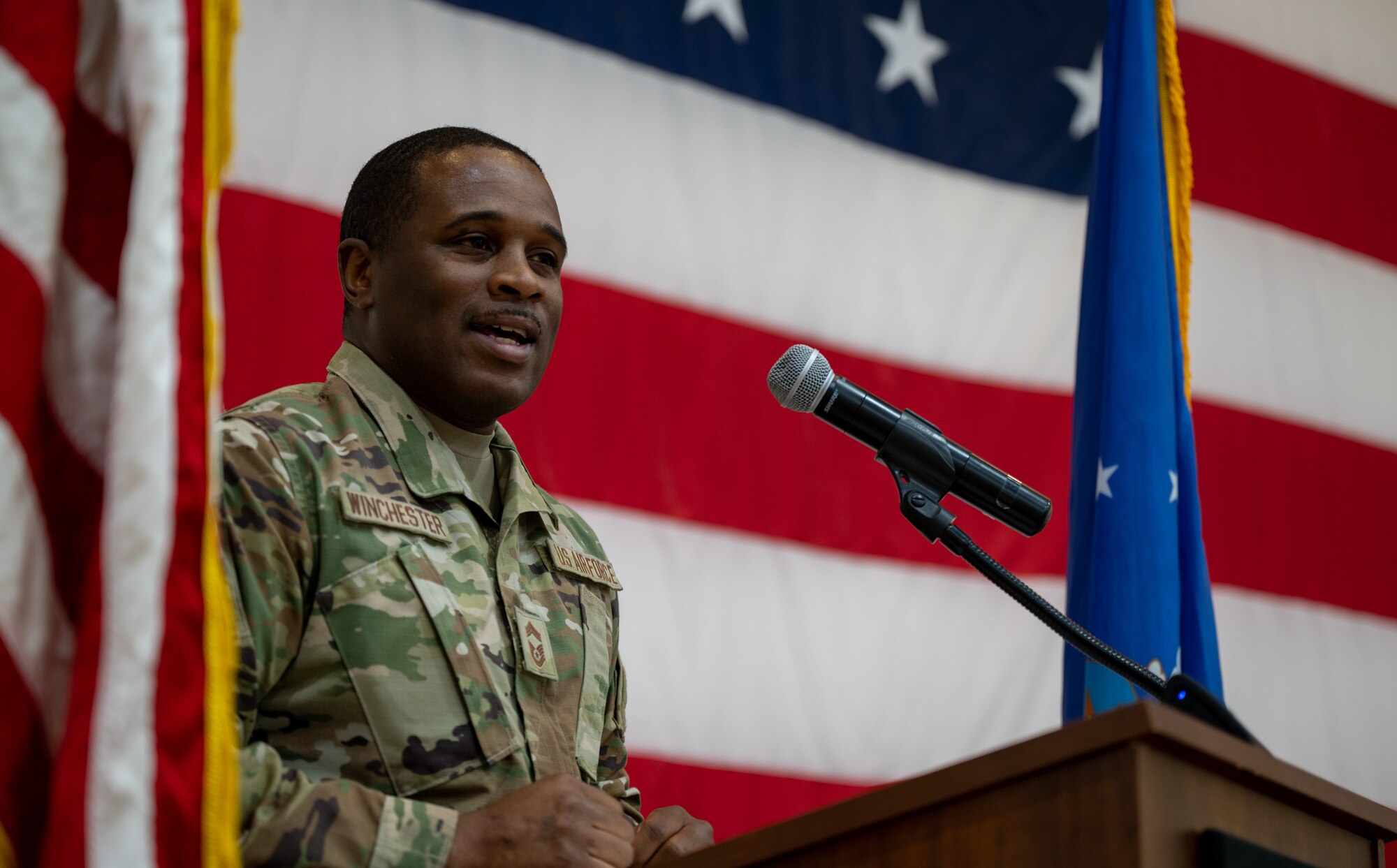 U.S. Air Force Chief Master Sgt. Donald Winchester, 56th Civil Engineering Squadron senior enlisted leader, speaks about the history and importance of Juneteenth during a luncheon event, June 16, 2022, at Luke Air Force Base, Arizona.