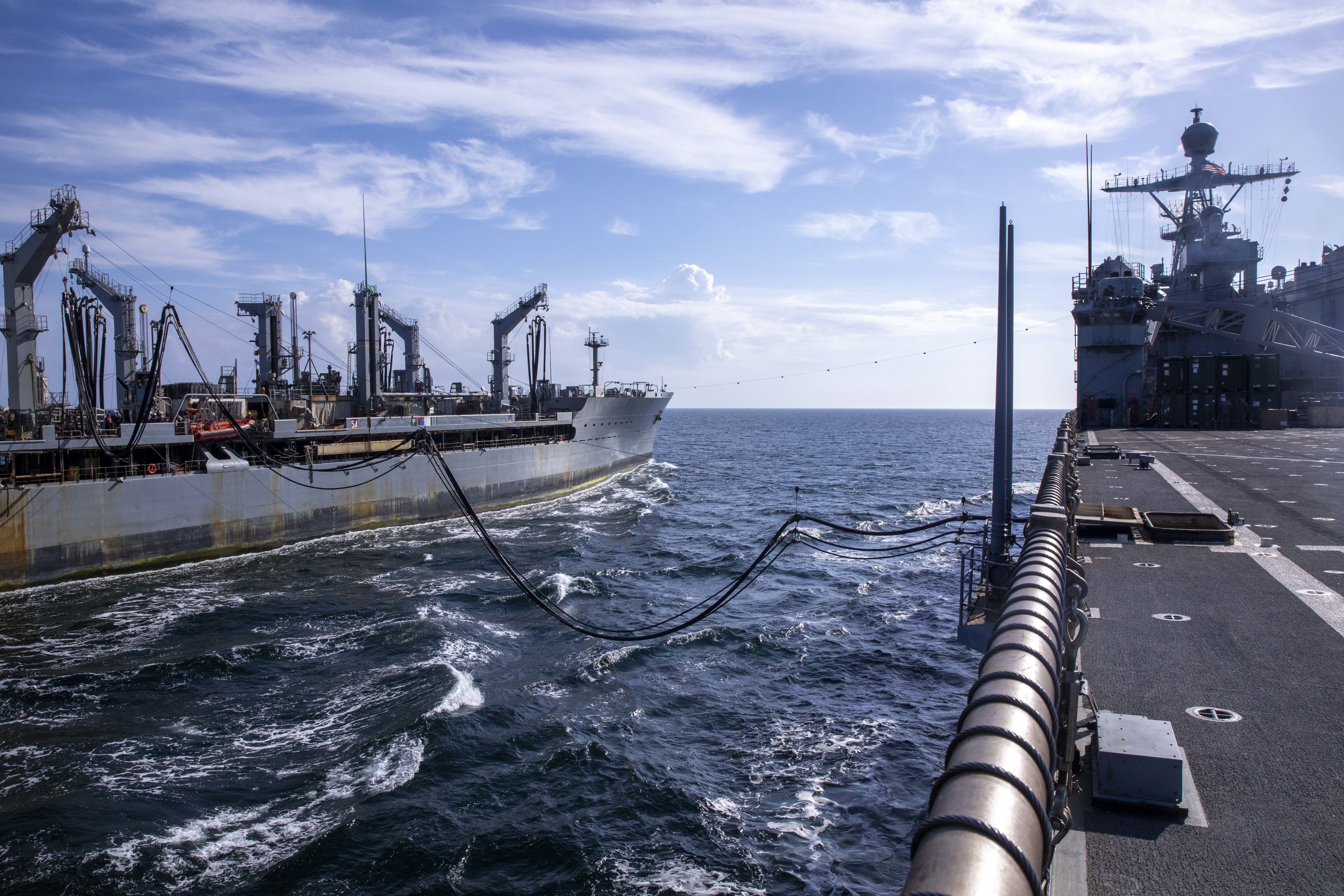 The Military Sealift Command Henry J. Kaiser-class underway replenishment oiler USNS Patuxent (T-AO-201), left, refuels the Whidbey Island-class dock landing ship USS Gunston Hall (LSD 44), right, during exercise BALTOPS22, June 13, 2022.