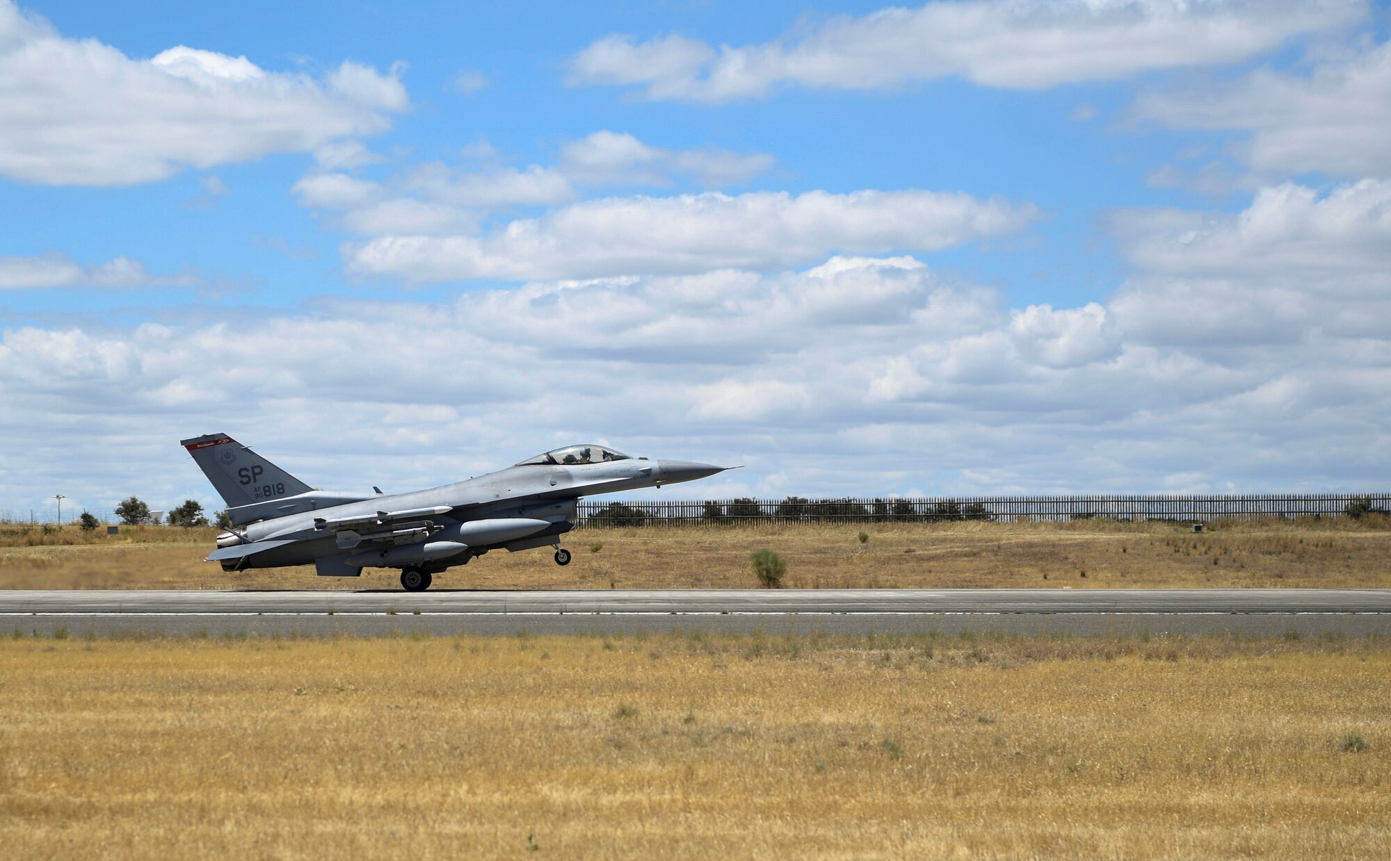 A U.S. Air Force F-16 Fighting Falcon aircraft from the 480th Fighter Squadron, from Spangdahlem Air Base, Germany, touches down in Portugal for Exercise Real Thaw 22 at Beja Air Base, Portugal, June 24, 2022. Real Thaw is a Portuguese Air Force-led, training exercise. The event will mark the 70th anniversary of the Portuguese Air Force. (U.S. Air Force photo by Tech. Sgt. Warren D. Spearman Jr.)