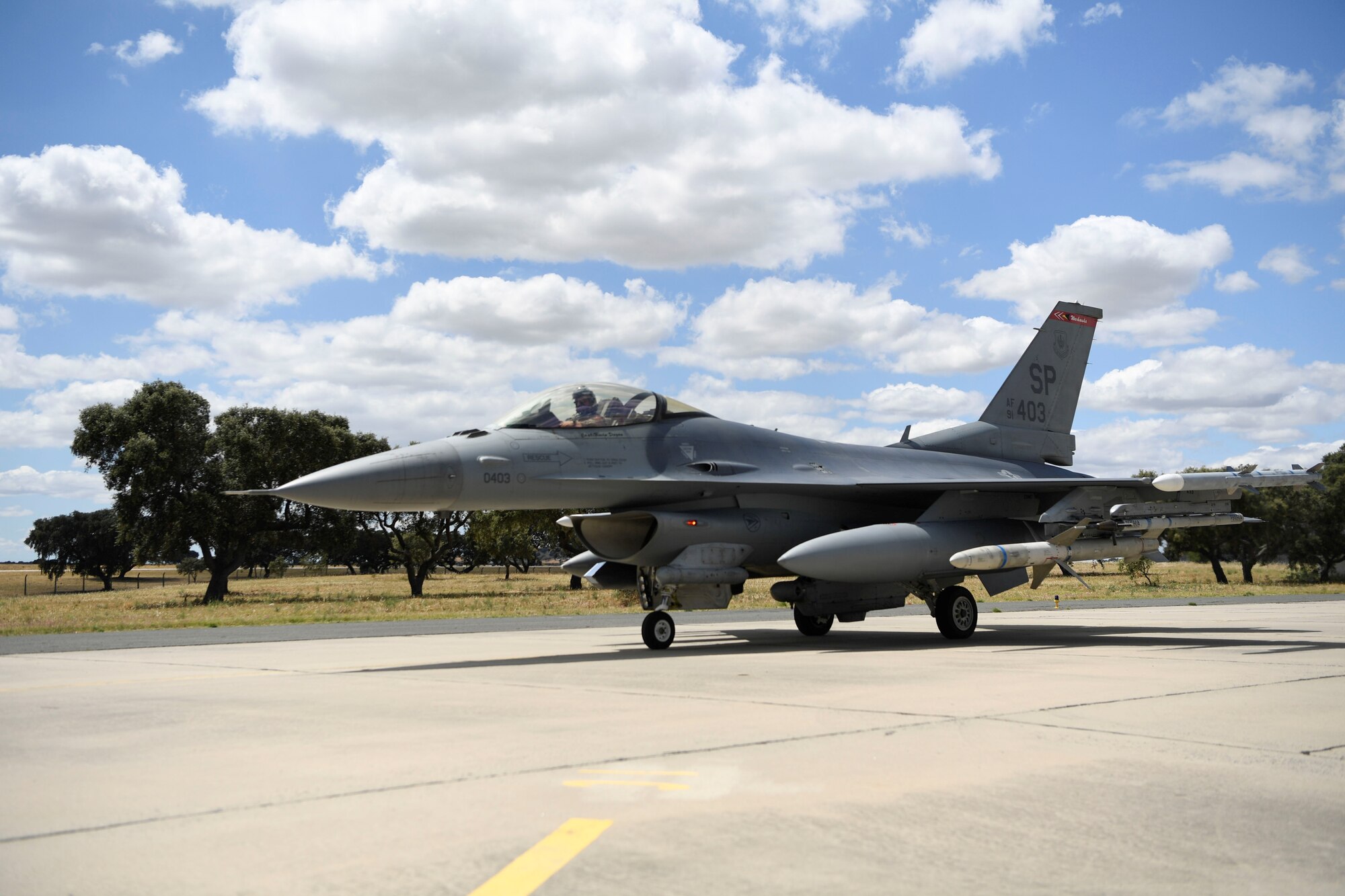 A U.S. Air Force F-16 Fighting Falcon aircraft from the 480th Fighter Squadron, from Spangdahlem Air Base, Germany, arrives in Portugal for Exercise Real Thaw 22 at Beja Air Base, Portugal, June 24, 2022. Real Thaw is a Portuguese Air Force-led, training exercise. The purpose of this exercise is to develop and integrate realistic interoperability tasks both in the air and on the ground between multinational units. (U.S. Air Force photo by Tech. Sgt. Warren D. Spearman Jr.)
