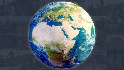 A globe is centered over a muted mosaic of images.