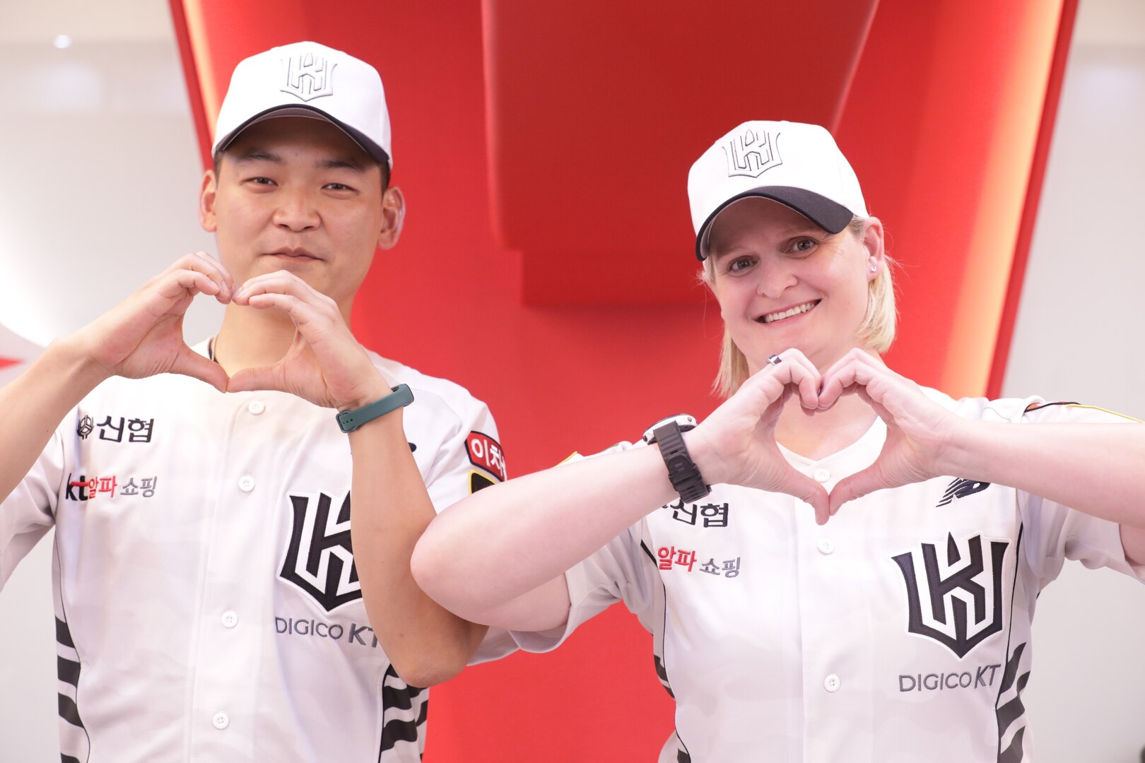Lt. Col. Miranda Killingsworth and Capt. (P) Ji Sang-gon will serve as the honorary batter and pitcher during a baseball game at KT Wiz Park between the Suwon-KT Wiz and LG Twins Baseball Club.