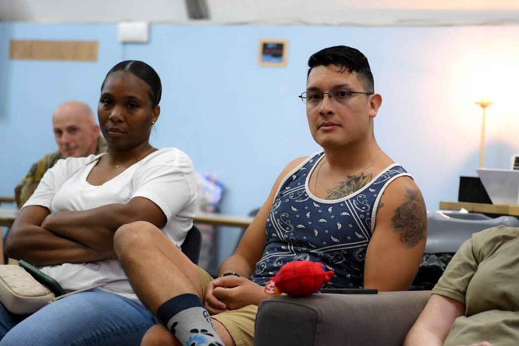 U.S. Air Force Master Sgt. Danny Mingura, the production superintendent assigned to 380th Expeditionary Maintenance Squadron, speaks at a Pride Panel, June 14, 2022, at the USO on Al Dhafra Air Base, United Arab Emirates. The intent of the panel was to spread awareness of the LGBTQ+ community and to foster comradery, inclusivity, and leadership.