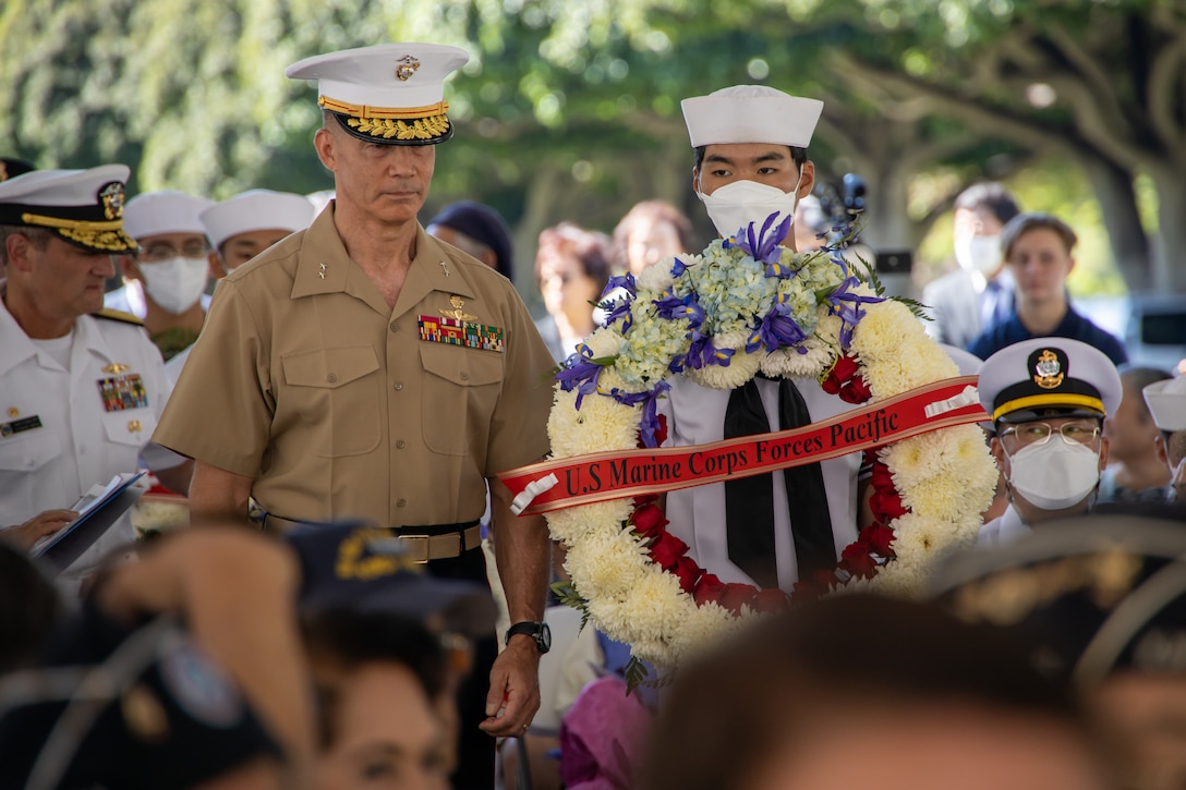 U.S. Marine Corps Maj. Gen. Mark Hashimoto, executive director, U.S. Marine Corps Forces, Pacific, lays a wreath during the 72nd Korean War Anniversary at the National Memorial Cemetery of the Pacific (Punchbowl) in Honolulu, Hawaii, June 25, 2022. The Korean War began on June 25, 1950, when North Korean armed forces invaded South Korea. The attack took place at several strategic points along the 38th parallel, the line dividing the communist Democratic People’s Republic of Korea from the Republic of Korea in the south. This event honors the lives lost and the sacrifices made during the war. (U.S. Marine Corps Photo by Cpl. Arianna Lindheimer)