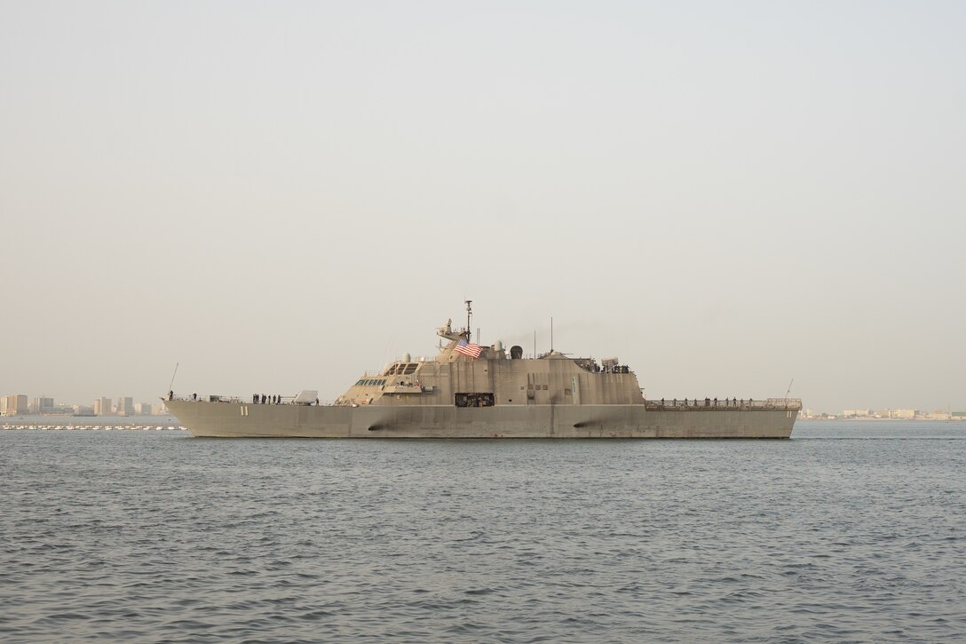Littoral combat ship USS Sioux City (LCS 11), arrives at Naval Support Activity Bahrain, June 25. Sioux City is deployed to the U.S. 5th Fleet area of operations to help ensure maritime security and stability in the Middle East region.