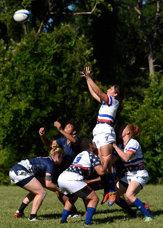 The Department of the Air Force Women’s 7s Rugby Team competes in a match.
