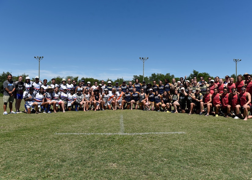 The U.S. military branches of service Women’s 7s Rugby teams pose for a group photo at Cape Fear River Park, N.C.