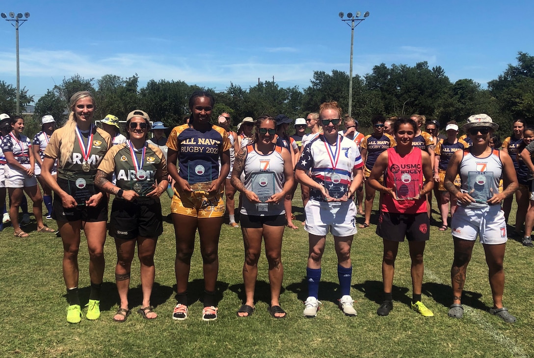 2022 Armed Forces Women's Rugby All-Tournament Team from left to right:  1LT Madison Hovren (Army) - Ft. Gordon, Ga.; SSG Lolita Galdones (Army) - Ft. Meade, Md.; ENS Sarah Skinner (Navy) - Annapolis, MD; LT Katrina Dreier (USCG) - Coast Guard Yard, Curtis Bay, Baltimore, MD; MSgt Sahtara Wehe (USAF) - Spangdahlem AB, Germany; LCpl Vivian Aragon (USMC) - MCB Camp Pendleton, CA; PO2 Jordan Day (USCG) - Sector North Carolina