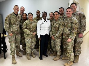 Maj. Gen. Telita Crosland, the U. S. Army Deputy Surgeon General, visited the 380th Expeditionary Medical Group, May 16, 2022 at Al Dhafra Air Base, United Arab Emirates. The intent of Crosland’s visit was to assess the progress of the joint, multi-national Trauma, Burn and Rehabilitative Medicine program.