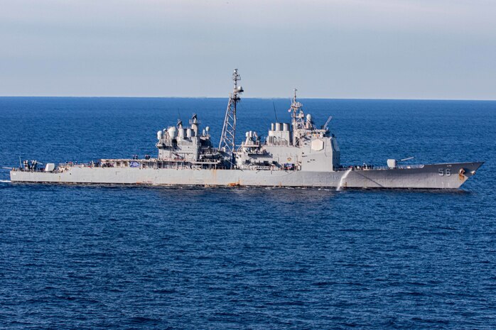 (Feb. 4, 2022) Ticonderoga-class guided-missile cruiser USS San Jacinto (CG 56), sails through the Adriatic Sea, in support of of Neptune Strike 22, Feb. 4, 2022. Neptune Strike 22 highlights the natural evolution of NATO’s ability to integrate the high-end maritime warfare capabilities of a carrier strike group to support the defense of the Alliance.