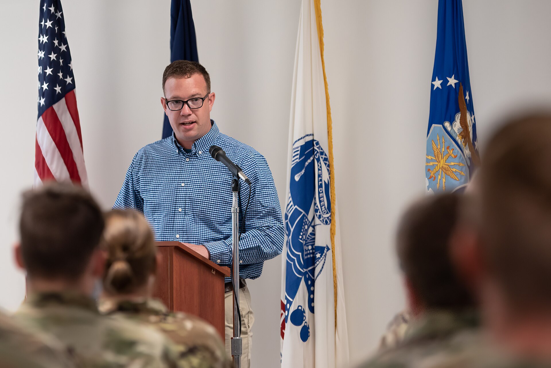 Andrew Dickson, command historian for the Kentucky National Guard, speaks at a ceremony celebrating the 230th birthday of the Kentucky National Guard in Louisvile, Ky., June 24, 2022. The Kentucky Guard, which traces its roots to the state militia, was established in 1792 by Gov. Isaac Shelby, 19 days after the Commonwealth became the 15th state of the Union. (U.S. Air National Guard photo by Dale Greer)