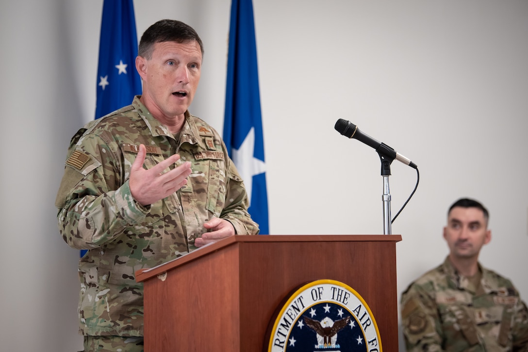 Brig. Gen. Jeffrey Wilkinson, the Kentucky National Guard’s assistant adjutant general for Air, speaks at a ceremony celebrating the 230th birthday of the Kentucky National Guard in Louisville, Ky., June 24, 2022. The Kentucky Guard, which traces its roots to the state militia, was established in 1792 by Gov. Isaac Shelby, 19 days after the Commonwealth became the 15th state of the Union. (U.S. Air National Guard photo by Dale Greer)